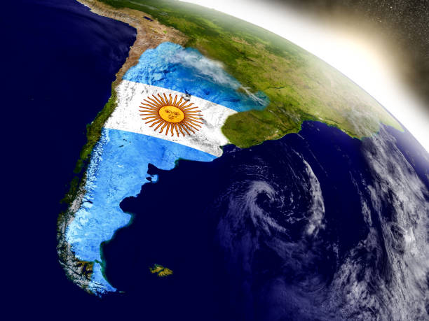 Argentina with flag in rising sun Argentina with embedded flag on planet surface during sunrise. 3D illustration with highly detailed realistic planet surface and visible city lights. 3D model of planet created and rendered in Cheetah3D software, 9 Mar 2017. Some layers of planet surface use textures furnished by NASA, Blue Marble collection: http://visibleearth.nasa.gov/view_cat.php?categoryID=1484 argentina stock pictures, royalty-free photos & images