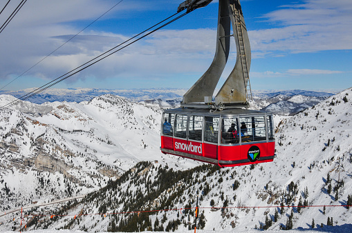 Snowbird, Utah, USA, January 28, 2016.  Ariel view of the ariel tram at the Snowbird, Utah ski area.