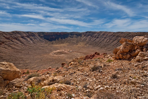 Arizona Meteor Crater The Arizona Meteor Crater (Barringer Meteorite Crater) formed 50,000 years ago when an asteroid plunged through the Earth’s atmosphere and crashed into what is now central Arizona. This area was not populated by humans at the time. Because of Arizona’s dry climate and the crater’s relatively young age, Meteor Crater is the best preserved impact crater on Earth. The small asteroid was just 150 feet across. Traveling at around 8 miles per second the force of the impact was tremendous. In just a few seconds the crater was formed when millions of tons of rock were thrown out. Today Meteor Crater is a famous tourist attraction with a museum featuring displays about the history of the crater. Scientist from all over the world come to Meteor Crater to study it. Meteor Crater is near Winslow, Arizona, USA. jeff goulden southwest usa stock pictures, royalty-free photos & images