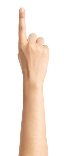 Arm and hand with index finger pointing stock photo