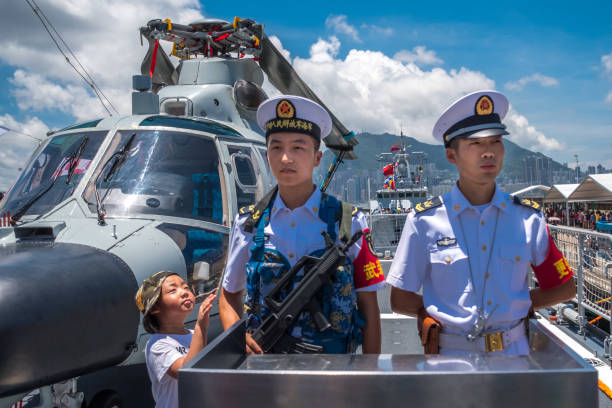 Armed soldiers on Jinam (number 152) missile destroyer visited Hong Kong and was opened to the public. stock photo