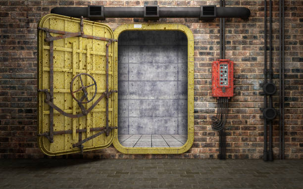 Armored heavy metal door in old underground bunker room. 3d rendering stock photo