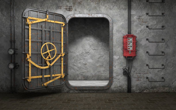 Armored heavy metal door in old underground bunker room. 3d rendering stock photo