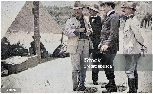 istock US Army colorized photos: Colonel Theodore Roosevelt (left) before becoming president of the USA, with Richard Harding Davis, Stephen Bonsall and Major Dunn 1314782403