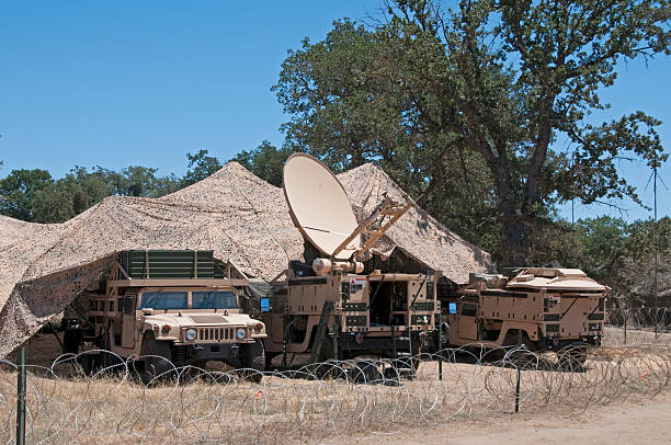 Army satellite communications with desert camouflage Truck mounted military satellite communications with desert camouflage and barbed wire. military land vehicle stock pictures, royalty-free photos & images