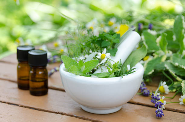 aromatherapy treatment with mortar and medicinal plants stock photo