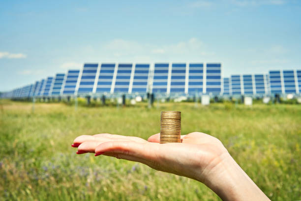 array of polycrystalline silicon solar cells in solar power plant turn up stock photo