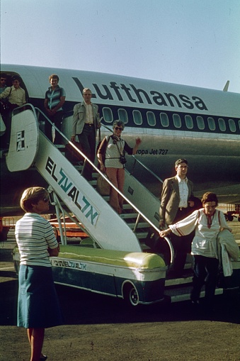 Tel Aviv, Jerusalem, 1977. Passengers leave a Boeing 727 of the Lufthansa airline on the airfield of Tel Aviv Airport.