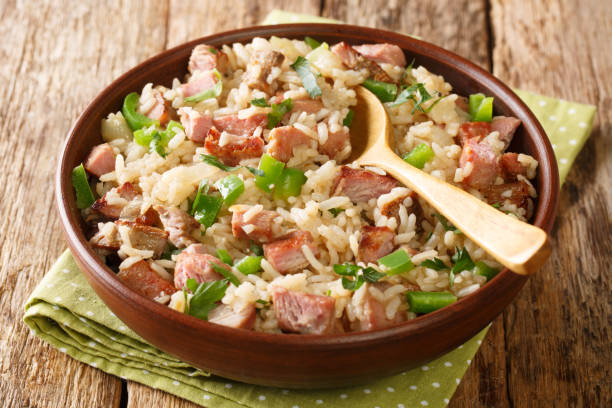 Arroz carreteiro is a hearty rice and meat dish close up in the bowl. Horizontal stock photo