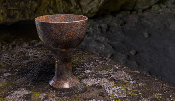 3D art - Holy Grail 3D art - Holy Grail on stone table with cobwebs and rust chalice photos stock pictures, royalty-free photos & images