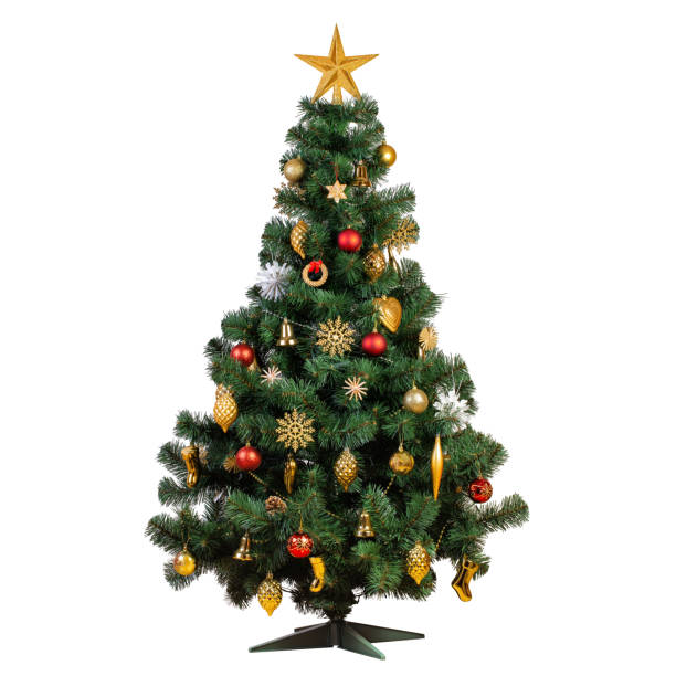 Artificial Christmas tree with beautiful classic vintage decorations Artificial Christmas tree with beautiful classic vintage decorations with garlands, lights and sparkles isolated on white background, studio shot christmas tree stock pictures, royalty-free photos & images