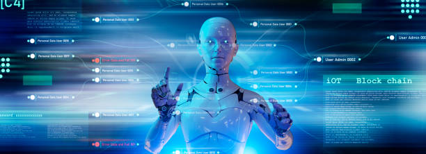 Artificial intelligence 3D robot programming computer interface in futuristic cyber space metaverse background, digital world technology stock photo