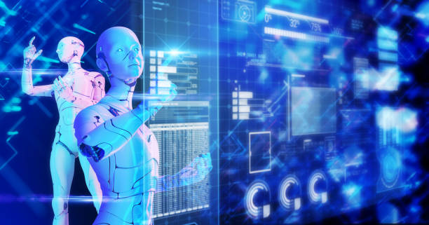 Artificial intelligence 3D robot working in futuristic cyber space metaverse background, digital world technology stock photo