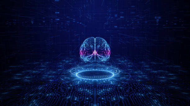 Artificial intelligence concept. Brain over a circuit board. HUD future technology digital background stock photo
