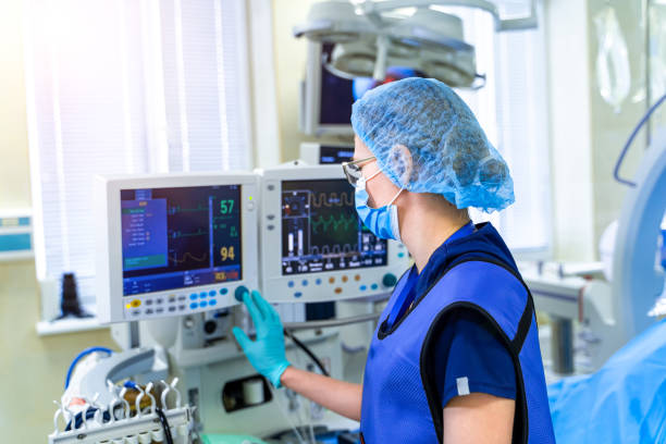 Artificial lung ventilation monitor in the intensive care unit. stock photo
