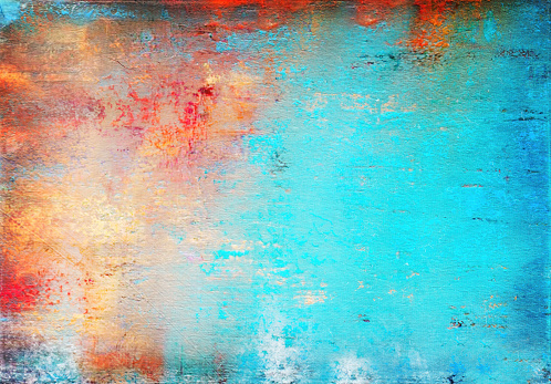 Artistic rendering of plaster background surface with abstract paint job in blue and orange colors.