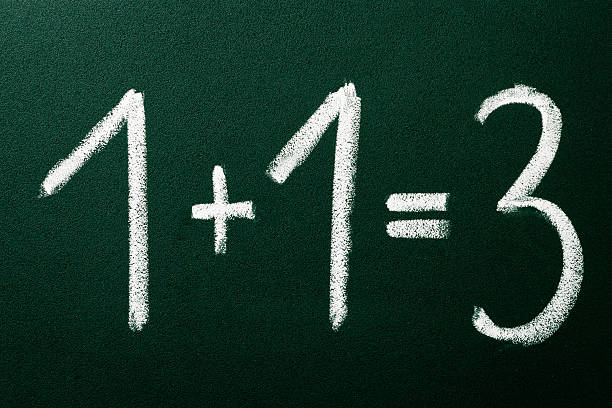 1+1=3 as mathematical calculations on green blackboard 1+1=3 as mathematical calculations on green blackboard. equal sign stock pictures, royalty-free photos & images