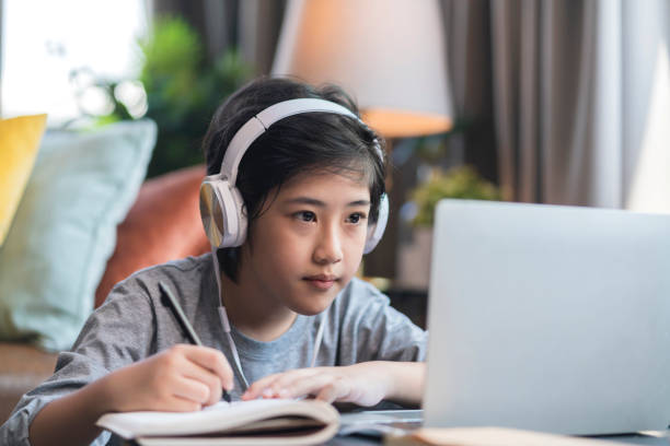 Asian boy learning online