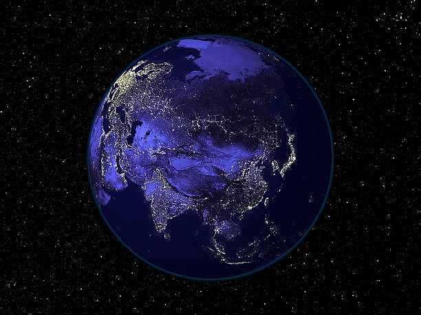 Asia by Night Beautiful nightime photograph of earth at night with Asia in the centre showing its city lights. Deep space starfield in the background. Photograph has been extensively enhanced.  central asia stock pictures, royalty-free photos & images