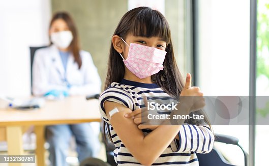 istock Asian doctor wearing gloves and isolation mask is making a COVID-19 vaccination in the shoulder of child patienr at hospital. 1332130781