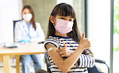 手袋と隔離マスクを着用したアジアの医師は、病院で子供のパティエンの肩にCOVID-19ワクチン接種を行っています。