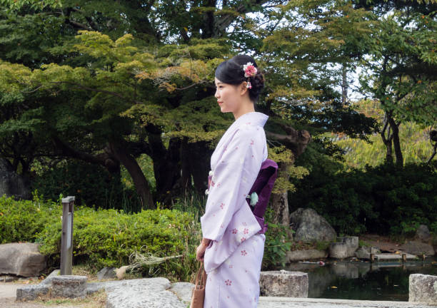 Asian girl wearing kimono in Kyoto, Japan stock photo