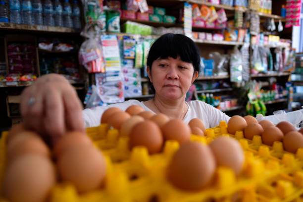 Asian Indonesian women arranging eggs inside small local family-owned business store, locally called warung. Selective Focus. Asian Indonesian women arranging eggs inside small local family-owned business store, or locally called warung. Location is in Tasikmalaya, Indonesia. Selective Focus. indonesian woman stock pictures, royalty-free photos & images