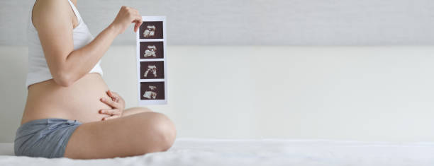 Asian Pregnant woman sitting holding ultrasound image on bed, Banner Happy Asian Pregnant woman sitting holding ultrasound image while touch her belly on bed. Mother with sonogram of her unborn baby in white room, Banner, Concept of pregnancy, Maternity prenatal care gynecologist photos stock pictures, royalty-free photos & images