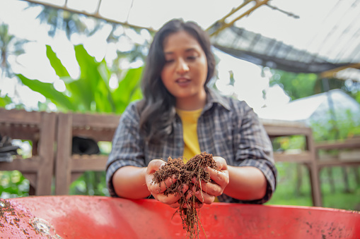 Close up shot of Asian woman holding a fresh soil in the palms of her hands