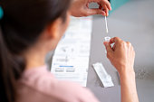 istock Asian woman using rapid antigen test kit for self test COVID-19 epidemic at home. 1346129528