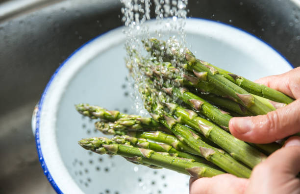Asparagus being washed in steel sink under running spray tap in colander hand washing food asparagus stock pictures, royalty-free photos & images