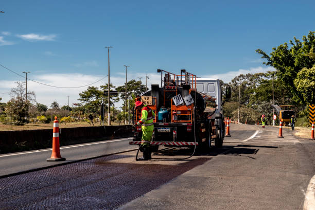 Asphalt resurfacing work on the Comandante Joao Ribeiro de Barros Highway, SP-294, stock photo