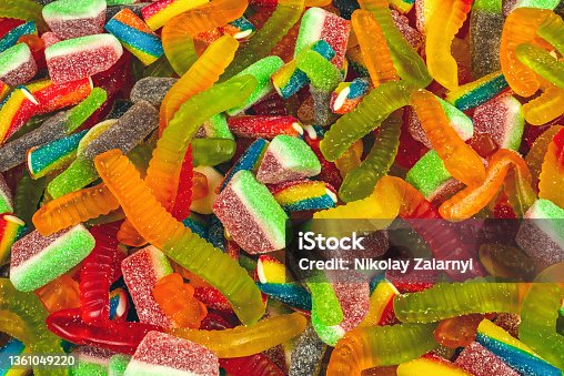 istock Assorted gummy candies. Top view. Jelly  sweets background. 1361049220