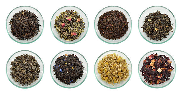 Assortment of dried tea leaves. stock photo