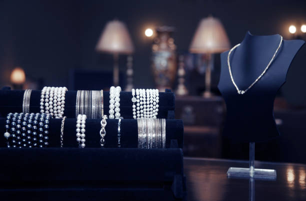 Assortment of jewelry in a jewelry shop. Close-up view stock photo