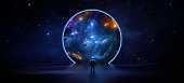 istock Astronaut cosmonaut discovery of new worlds of galaxies panorama, fantasy portal to far universe. Astronaut space exploration, gateway to another universe. 3d render 1392160453