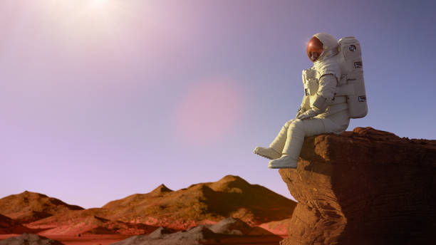 astronaute sur la planète mars, s'asseyant sur une falaise (illustration d'espace 3d) - astronaut photos et images de collection