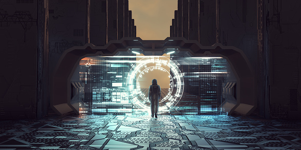 Astronaut walks through futuristic portal on a sci fi background . This is a 3d render illustration .