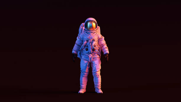 astronauta con visiera oro e tuta spaziale bianca con illuminazione moody anni '80 rosa e blu frontale - astronaut foto e immagini stock