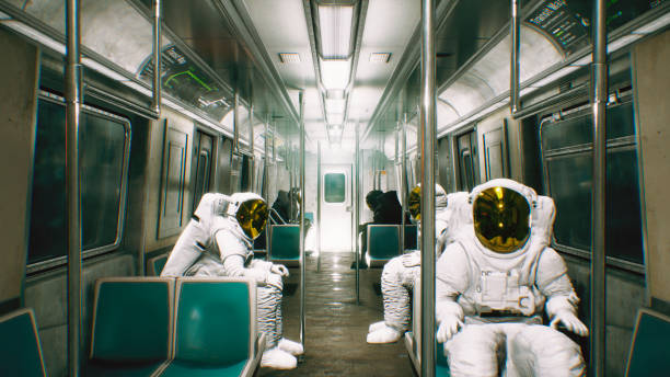 Astronauts go to work in the train. Abstract cosmic fantasy. 3D Rendering stock photo