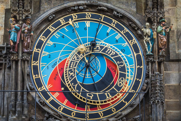 Astronomical clock close-up in Prague old town square, Czech Republic stock photo