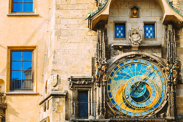 Astronomical Clock In Prague, Czech Republic. Close Up Photo Prague Astronomical Clock At Old Town City Hall From 1410 Is The Third Oldest Astronomical Clock In World And Oldest One Still Working prague old town square stock pictures, royalty-free photos & images