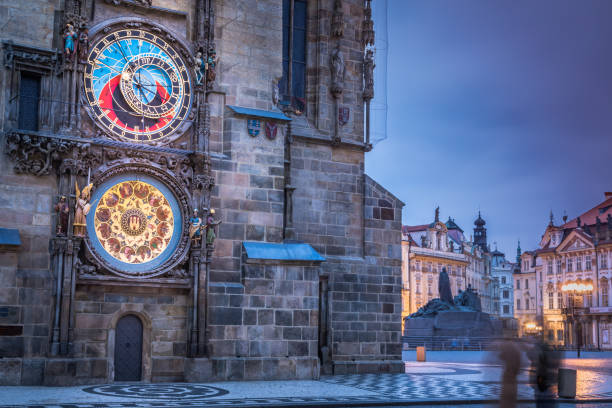 Astronomical clock in Prague old town square at dawn, Czech Republic stock photo
