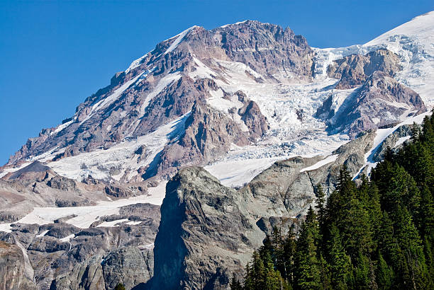 Puyallup Glacier on Mount Rainier At 14,410' above sea level, Mount Rainier dominates the landscape of the Puget Sound region. Mount Rainier is the highest point in Washington State and is also the most glaciated mountain in the continental United States. This picture of Mount Rainier was taken from Klapatche Park in Mount Rainier National Park, Washington State, USA. jeff goulden puyallup washington stock pictures, royalty-free photos & images