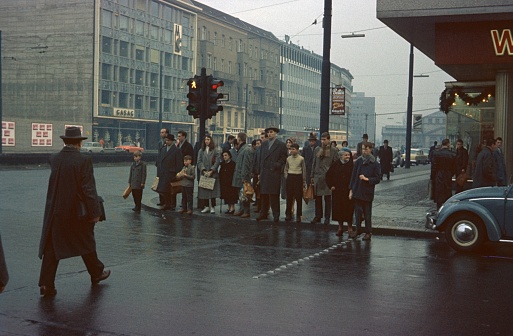 Berlin (West), Germany, 1959. Pedestrians at a traffic light on Tauentzienstrasse in Berlin.