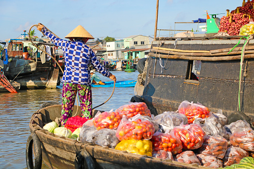The photo shows a woman on a boat full of products to be sold at the Cai Rang floating market, on the Mekong Delta near Can Tho, Vietnam.