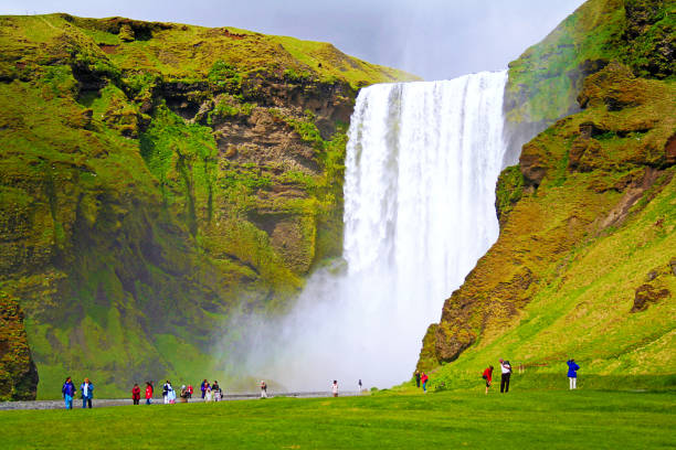 At the Skogafoss waterfall (Iceland) stock photo
