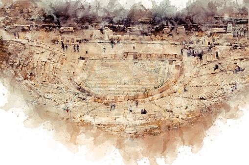 Athens, Greece. Watercolor painting Theater of Dionysus Eleutherius in the ancient citadel of the Acropolis.