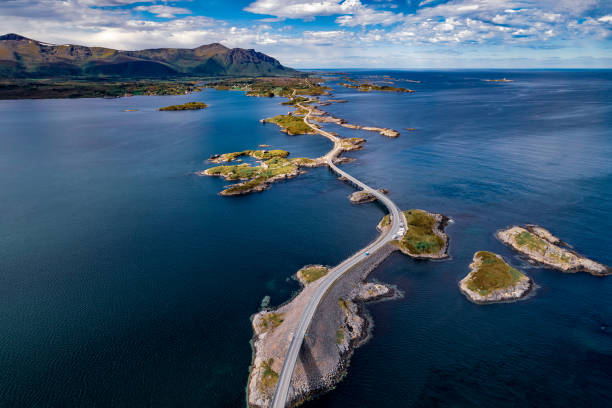 Atlantic Ocean Road aerial photography. Atlantic Ocean Road or the Atlantic Road (Atlanterhavsveien) been awarded the title as Norwegian Construction of the Century. The road classified as a National Tourist Route. Aerial photography norway stock pictures, royalty-free photos & images