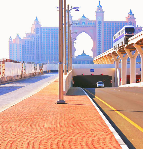 Atlantis Hotel and monorail train on a man-made island Palm Jumeirah stock photo